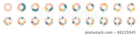 Segment color slice set. Wheel round diagram part. Pie chart icons. Circle section graph. 1,20,19,18,16,9 segment infographic. Three phase, six circular cycle. Geometric element. Vector illustration 88225045