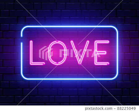 Love neon text banner. Happy Valentine Day frame background. Romantic electric sign on night brick wall. Social media concept. Pink glow light. Romance dinner. Nightclub disco bar. Vector illustration 88225049
