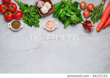 Food cooking and healthy eating concrete background Food cooking and healthy eating concrete background 88225138