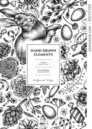 Easter pattern card design. Hand drawn rabbit, eggs, willow branches, etc. Easter pattern card design. Hand drawn rabbit, eggs, willow branches, etc. 88225309
