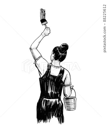 Girl painting wall with a brush. Ink black and white drawing Girl painting wall with a brush. Ink black and white drawing 88225612
