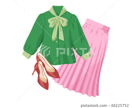 女性時尚插圖。綠色上衣，粉色百褶裙，紅色高跟鞋。 88225752