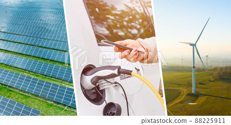 Renewable energy concept with windmills, solar panel and electric car EV, unlocked with mobile phone by woman. 88225911
