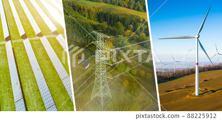 Generation of green energy with solar panels. wind farm with wind turbines and windmills and pylon. Generation of green energy with solar panels. wind farm with wind turbines and windmills and pylon. 88225912