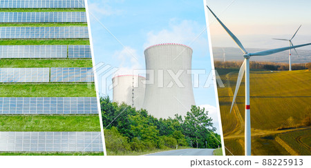 Collage of green energy concept with solar cell panels, nuclear power station and windmill. Renewable energy to stop climate changes, biodiversity and sustainability Collage of green energy concept with solar cell panels, nuclear power station and windmill. Renewable energy to stop climate changes, biodiversity and sustainability 88225913