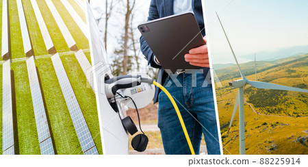 Renewable energy concept with wind mills, solar panel and electric car EV, unlocked with tablet by man. Renewable energy concept with wind mills, solar panel and electric car EV, unlocked with tablet by man. 88225914