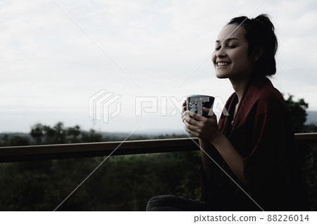 Series photo of young woman hand holding ceramic mug, positive emotion, chill and joyful Series photo of young woman hand holding ceramic mug, positive emotion, chill and joyful 88226014
