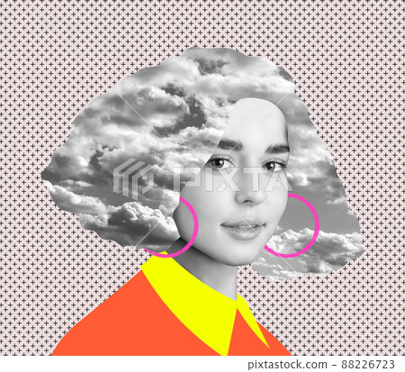 Contemporary art collage. Young woman with drawn cloth elements and hair in image of clouds isolated over textured background Contemporary art collage. Young woman with drawn cloth elements and hair in image of clouds isolated over textured background 88226723