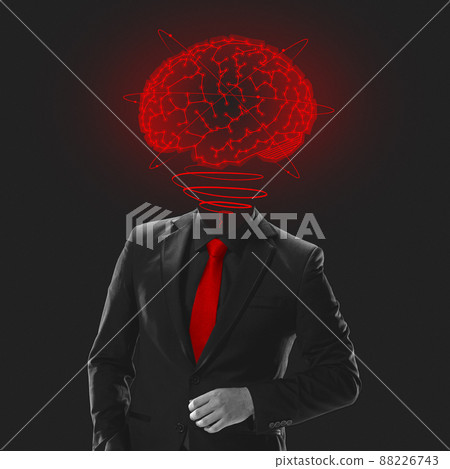 Contemporary art collage. Silhouette of businessman in stylish suit with digital brain scheme isolated over black background 88226743