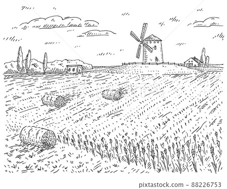 Windmill on wheat field. Vintage vector black engraving illustration Windmill on wheat field. Vintage vector black engraving illustration 88226753