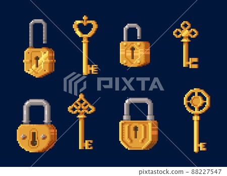 Game assets of golden keys and padlocks, pixel art 8bit door lock and key vector icons. 8 bit pixel game GUI assets of keys and locks for locker code access, entrance pass or level password unlock 88227547