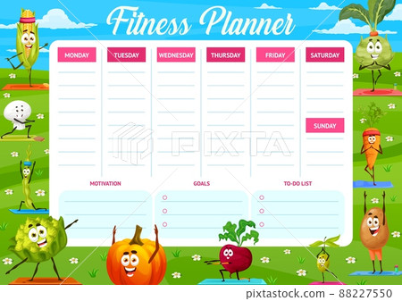 Weekly fitness planner schedule with cartoon vegetables, vector agenda calendar for gym. Fitness planner for workout, diet and sport exercises with goals, motivation and to-do list notes on timetable Weekly fitness planner schedule with cartoon vegetables, vector agenda calendar for gym. Fitness planner for workout, diet and sport exercises with goals, motivation and to-do list notes on timetable 88227550