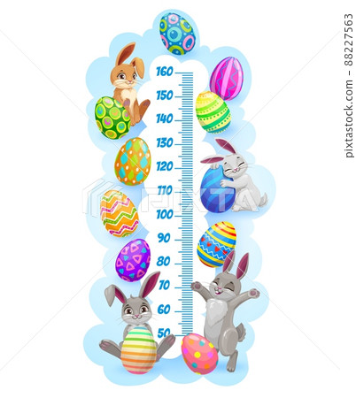 Easter bunnies and eggs. Kids height chart, growth measure meter. Vector wall sticker for children height measurement with cute cartoon rabbits characters, colorful painted eggs and stadiometer scale Easter bunnies and eggs. Kids height chart, growth measure meter. Vector wall sticker for children height measurement with cute cartoon rabbits characters, colorful painted eggs and stadiometer scale 88227563