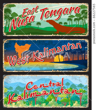 West and Central Kalimantan, East Nusa Tengara indonesian travel plates. Indonesia region retro tin sign, indonesian province vector sticker with monitor lizard, tropical forest and beach landscape West and Central Kalimantan, East Nusa Tengara indonesian travel plates. Indonesia region retro tin sign, indonesian province vector sticker with monitor lizard, tropical forest and beach landscape 88227565
