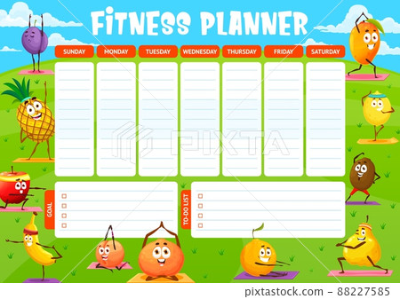 Cartoon fruits on yoga, fitness weekly planner schedule. Vector agenda calendar or workout timetable with training goals and to-do list, healthy apple, orange, mango, lemon and peach characters Cartoon fruits on yoga, fitness weekly planner schedule. Vector agenda calendar or workout timetable with training goals and to-do list, healthy apple, orange, mango, lemon and peach characters 88227585