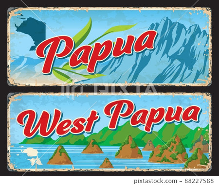 Papua and West Papua indonesian travel plates and stickers. Indonesia province vintage banners or postcards, asian vacation travel vector tin signs with mountains peaks, Wayag island landscapes Papua and West Papua indonesian travel plates and stickers. Indonesia province vintage banners or postcards, asian vacation travel vector tin signs with mountains peaks, Wayag island landscapes 88227588