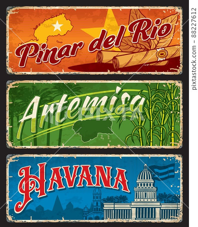 Pinar del Rio, Artemisa, Havana Cuban regions. Vector travel plates and stickers with maps and flags of Cuba provinces, cigars, tobacco leaves, Havana cathedral and Capitol building, sugar cane, palms 88227612
