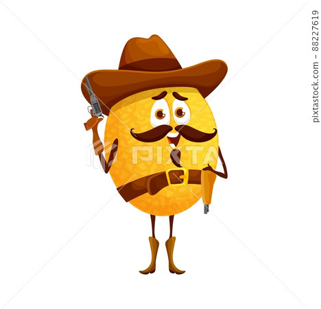 Cartoon cowboy melon character. Funny vector fruit sheriff or ranger with gun wear hat, belt and boots. Wild west hero, sweet food western personage with mustaches, healthy food texas western guy Cartoon cowboy melon character. Funny vector fruit sheriff or ranger with gun wear hat, belt and boots. Wild west hero, sweet food western personage with mustaches, healthy food texas western guy 88227619