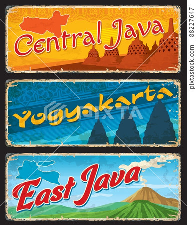 Central and East Java, Yogyakarta indonesian province travel plates and stickers. Indonesia travel banners or tin signs. Asian vacation cards with Borobudur stupas, Prambanan Temple and volcanoes 88227647