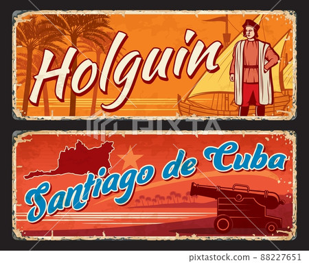 Holguin and Santiago de Cuba Cuban regions. Travel plates and stickers with vector silhouette of province map, Christopher Columbus statue and sailing ship, fortress cannon and palms vintage signs Holguin and Santiago de Cuba Cuban regions. Travel plates and stickers with vector silhouette of province map, Christopher Columbus statue and sailing ship, fortress cannon and palms vintage signs 88227651