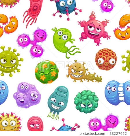 Cartoon funny viruses, microbes, germs and bacteria seamless pattern. Cute microorganism and bacterium characters vector background of microbiology design, microscopic cells and pathogens of diseases Cartoon funny viruses, microbes, germs and bacteria seamless pattern. Cute microorganism and bacterium characters vector background of microbiology design, microscopic cells and pathogens of diseases 88227652