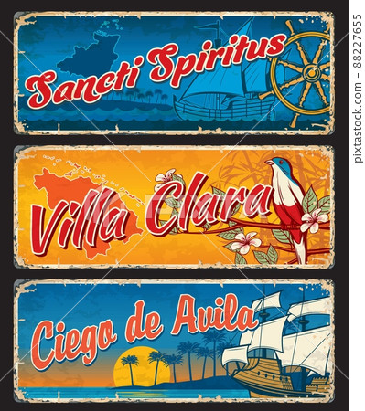 Villa Clara, Ciego de Avila, Sancti Spiritus Cuban regions vector travel plates and stickers. Provinces of Cuba vintage signs with maps, national bird trogon and sugar cane, sailing ship and palms Villa Clara, Ciego de Avila, Sancti Spiritus Cuban regions vector travel plates and stickers. Provinces of Cuba vintage signs with maps, national bird trogon and sugar cane, sailing ship and palms 88227655