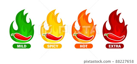 Hot spicy level labels. Pepper chili, cayenne or jalapeno vector labels with fire flames of red, green, orange and yellow colors. Extra, spicy, hot and mild strength savory food isolated icons 88227658