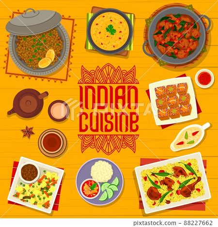 Indian cuisine restaurant meals and drinks menu cover. Masoor Dal lentil soup, chicken Biryani and gravy, pumpkin ginger cake, lamb and spinach Saag Gosht, pork and lentil curry, masala tea vector 88227662