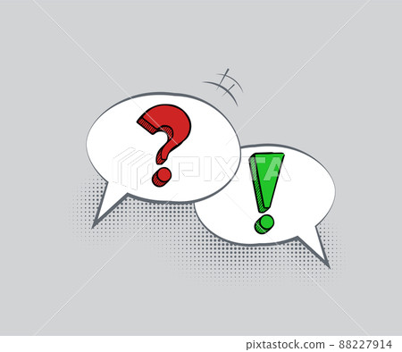 Dialog template. Two overlapping speech bubbles with red question and green exclamation marks and halftone shadows on gray background. Vector illustration. 88227914