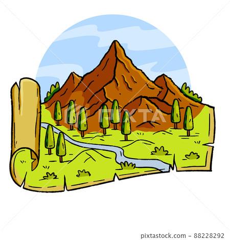 Mountains in engraving style. Landscape on map. Rocky peak and nature. 88228292