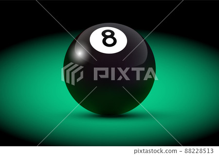 Black realistic billiard eight ball on green table. Vector billiard illustration. 88228513