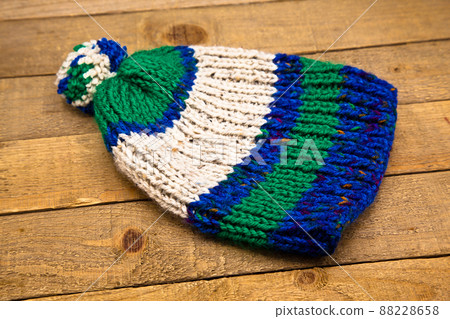 Handmade wool knitted winter blue green and white hat Handmade wool knitted winter blue green and white hat 88228658