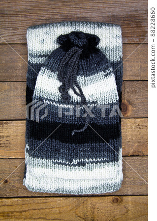 Handmade wool knitted winter white black and grey hat 88228660