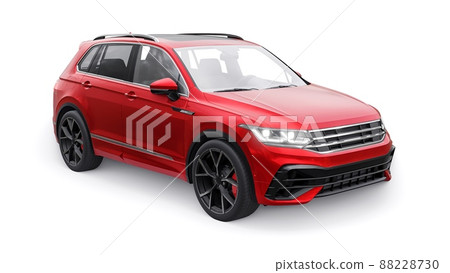 Compact red sports city SUV for exciting driving, for work and family on a white isolated background. 3d rendering. Compact red sports city SUV for exciting driving, for work and family on a white isolated background. 3d rendering. 88228730