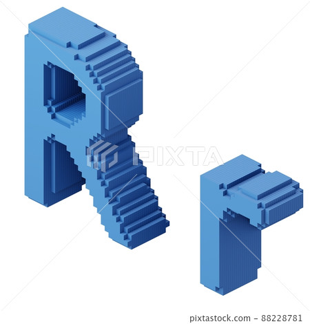 Letter R shaped block pixel with blue cubes. 3d illustration. 88228781