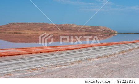 Brine and salt of a pink lake Koyash colored by microalgae Dunaliella salina, famous for its antioxidant properties, enriching water by beta-carotene, used in medicine and spa. cape Opuk, Kerch Crimea Brine and salt of a pink lake Koyash colored by microalgae Dunaliella salina, famous for its antioxidant properties, enriching water by beta-carotene, used in medicine and spa. cape Opuk, Kerch Crimea 88228835