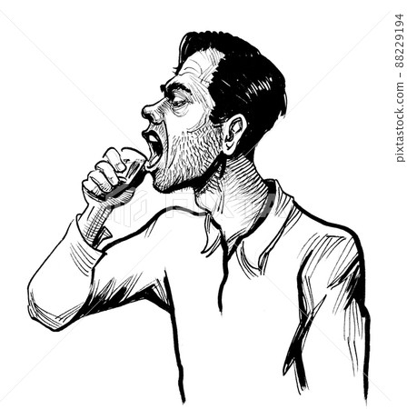 Man drinking a shot of whiskey. Ink black and white drawing Man drinking a shot of whiskey. Ink black and white drawing 88229194