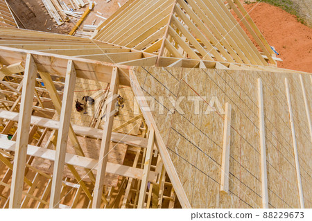 Standard timber roof frame of wooden rafters beams Standard timber roof frame of wooden rafters beams 88229673