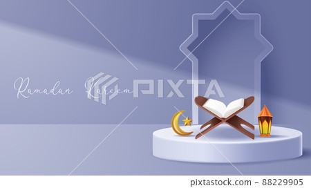 Islamic display podium decoration background with islamic ornament. Vector 3D Illustration Islamic display podium decoration background with islamic ornament. Vector 3D Illustration 88229905