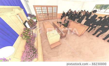 Funeral funeral hall with people Burning incense CG illustration 88230800