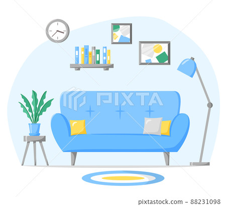 Living room in flat style, home interior with sofa, lamp, house plant in pot, book on shelf. Vector Living room in flat style, home interior with sofa, lamp, house plant in pot, book on shelf. Vector 88231098