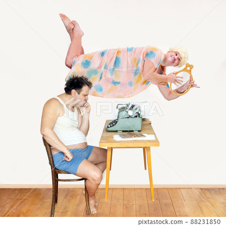 The writer thinks about the text his story, on the background levitates a muse with harp 88231850
