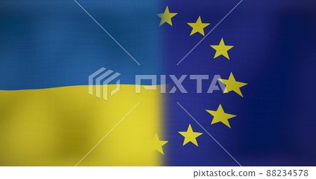 Image of moving and floating flags of ukraine and eu 88234578