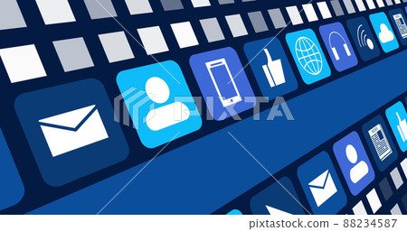 Image of digital online icons and blue stripe moving on dark blue background Image of digital online icons and blue stripe moving on dark blue background 88234587