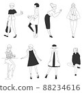 具有各種時尚品味的女性的單色插圖 88234616