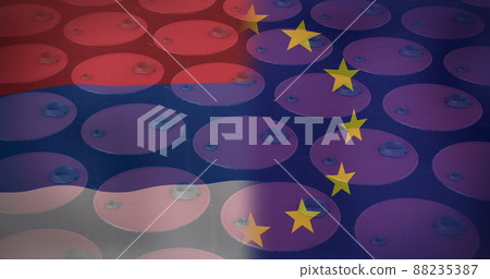 Image of russian and european union flag over locks Image of russian and european union flag over locks 88235387