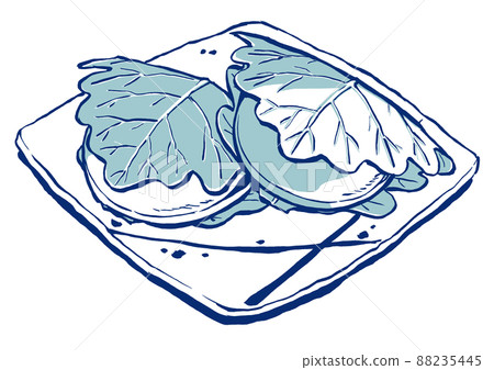 Kashiwamochi with red bean paste and Kashiwamochi with white miso paste lined up on a square plate, drawn with a brush and painted in two colors 88235445