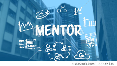 Mentor text banner and multiple business concept icons against tall buildings 88236130