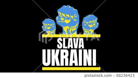 Digital composite image of hands on slava ukraini text over black background Digital composite image of hands on slava ukraini text over black background 88236423