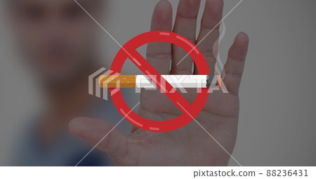 Digital composite image of no smoking symbol over caucasian man's palm Digital composite image of no smoking symbol over caucasian man's palm 88236431
